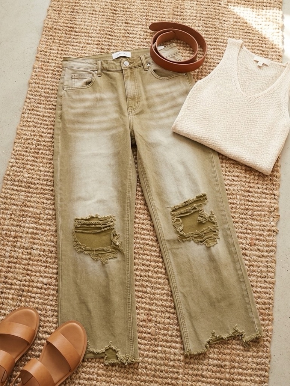 Zenana Outfitters Olive Green Straight Leg Distressed Jeans